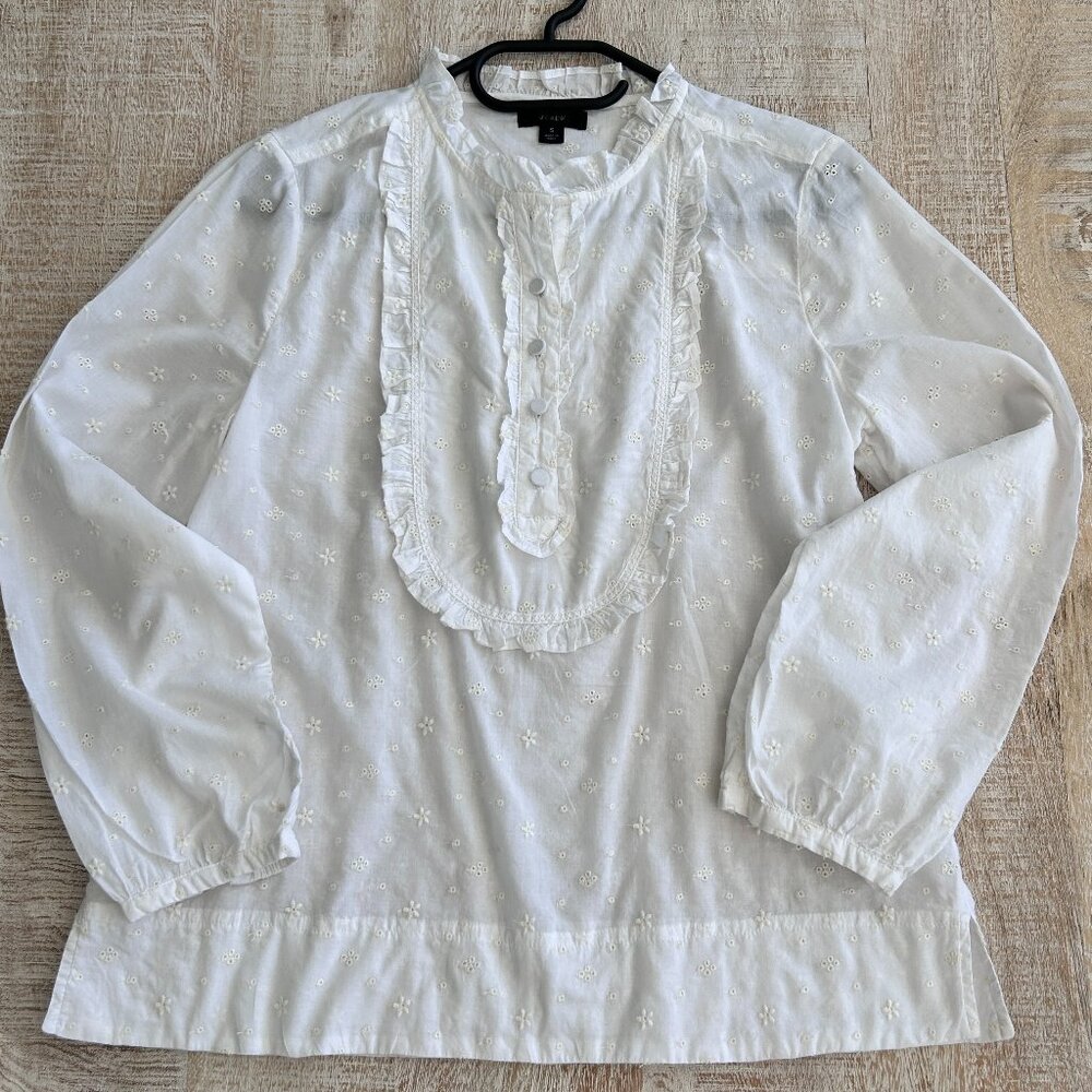 J.Crew Floral Eyelet Ruffled White Bib Front Long Sleeve Top Size Small.